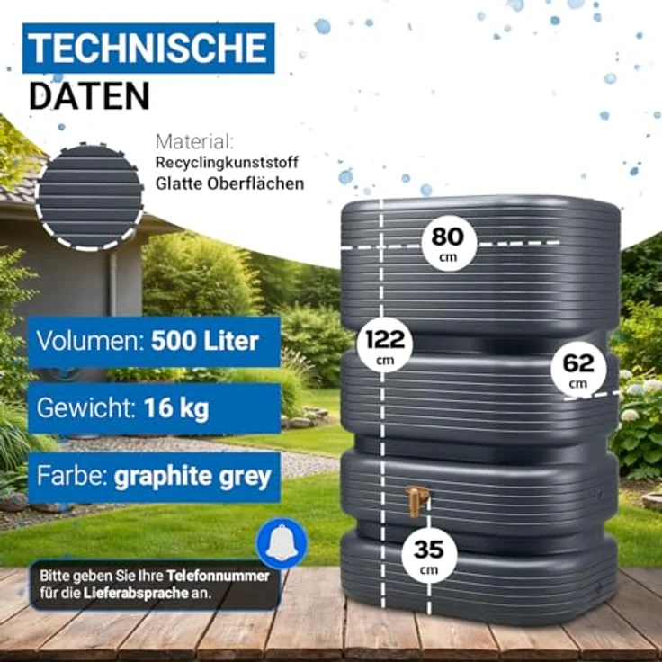 4rain Quadro Wandtank 500 Liter, Regentonne in Graphite Grey, schmale Form, witterungsbeständig, aus Recyclingkunststoff, modernes Design – Bild 3