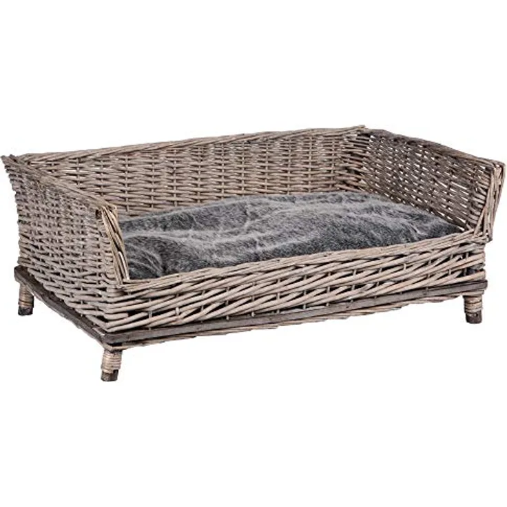 UNUS RM E-Commerce Hundebett Hundekorb Hundekörbchen aus Weide eckig mit Kissen grau für große und kleine Hunde 88 cm Breite