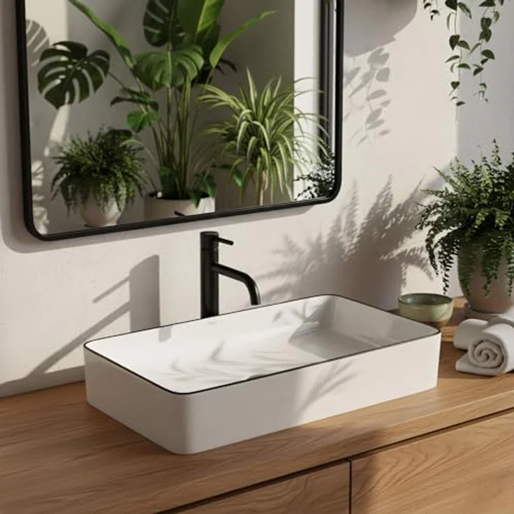 wohnwerk.idee Aufsatzwaschbecken rechteckig, Keramik Design Badwaschbecken in Weiß mit Schwarz, Marmoroptik und Weiß Schwarz Edge – Bild 4