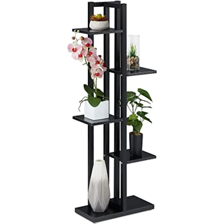 Relaxdays Pflanzenregal, Blumentreppe mit 5 Ablagen, HBT 117 x 43 x 22 cm, Stahl u. MDF, Blumenregal innen, schwarz – Bild 1