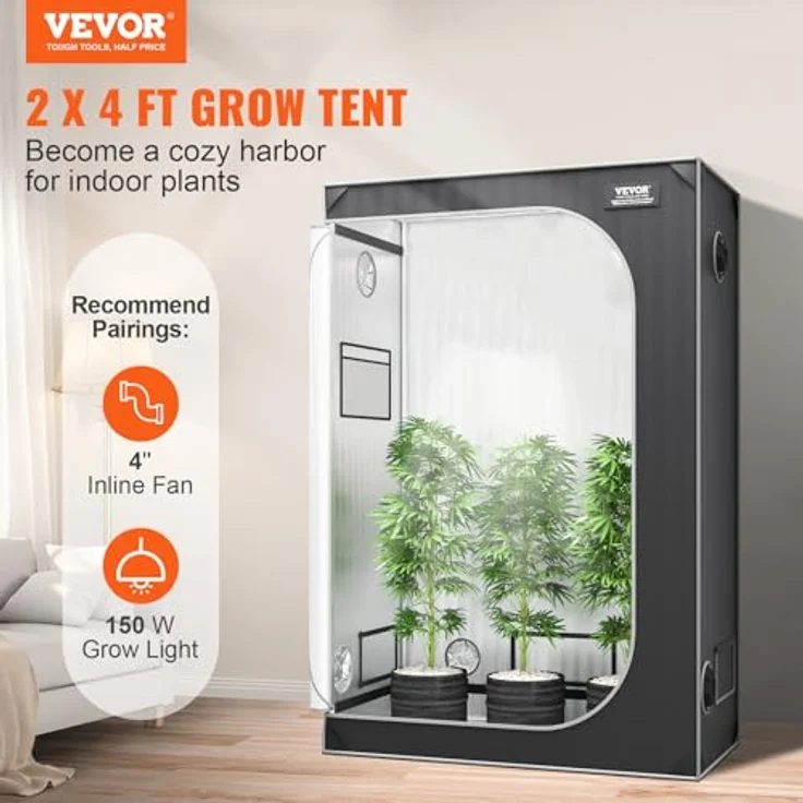 VEVOR Growbox GT2000D24, 122 x 61 x 183 cm Gewächshaus mit 22 mm Stahl-Rahmen, 2000D Oxford-Gewebe, Tragfähigkeit 60 kg, geeignet für 150 W Wachstumslicht, Schwarz + Grau – Bild 2