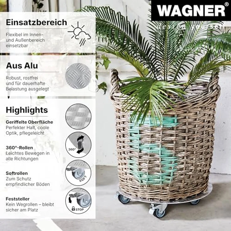WAGNER Pflanzenroller Alaska Ø 30 cm I Pflanzenroller & Blumenroller für Außenbereich + Innenbereich I Kübelroller aus Aluminium mit 2 Total-Feststellern I Tragkraft 150kg I Made in Germany?20700501 – Bild 6