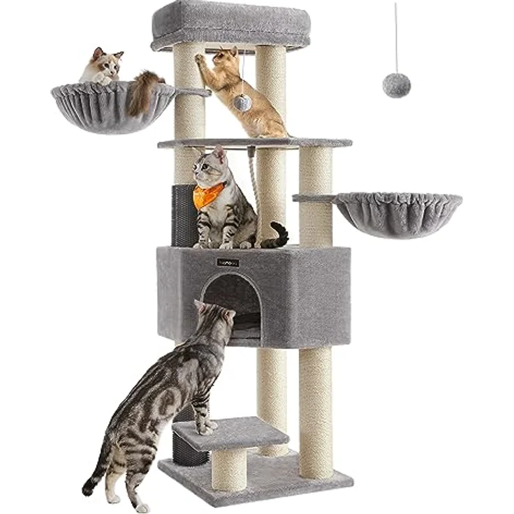 Feandrea Kratzbaum mit selbstwärmenden Decken, für große Katze, Katzenbaum mit 2 Katzenbürsten, 11,1 cm dicke Stämme, große Plattformen, Höhle, 50 x 50 x 160 cm, Taubengrau-cremeweiß PCT003N01 – Bild 1