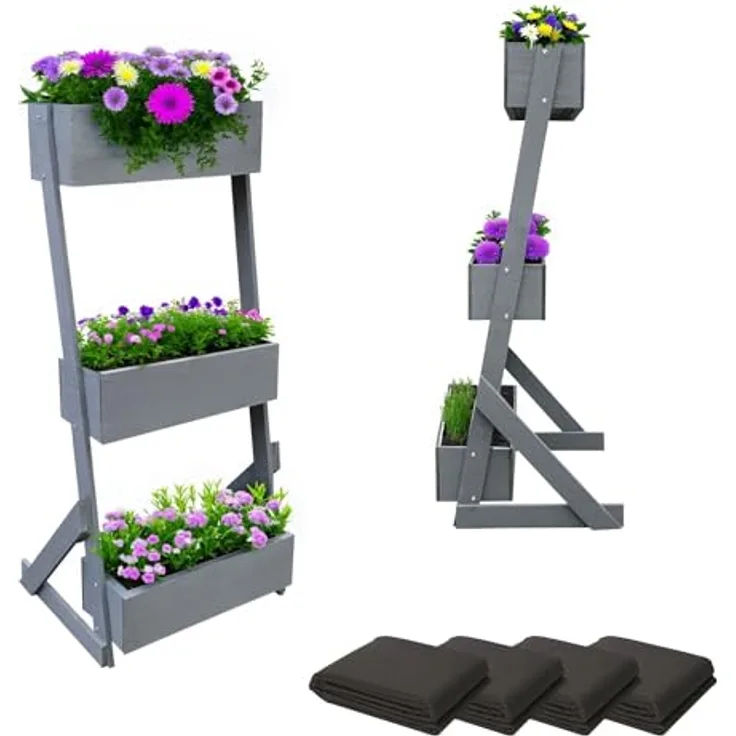 Vertikalbeet Petra Hochbeet Holz 3 Etagen Blumenkasten - Blumentreppe Kräuterbeet Frühbeet Blumenbeet Pflanzkasten inkl. Gartenvlies - Stufenbeet 66 x 49 x 140 cm für Terrasse Balkon & Wintergarten