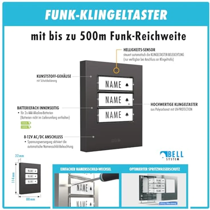 m-e Funkklingel BELL-523 AC Anthrazit, Erweiterbare kabellose Türklingel mit 500m Reichweite, 3-Familienhaus Set mit 3 Empfängern und einstellbaren Klingeltönen – Bild 5