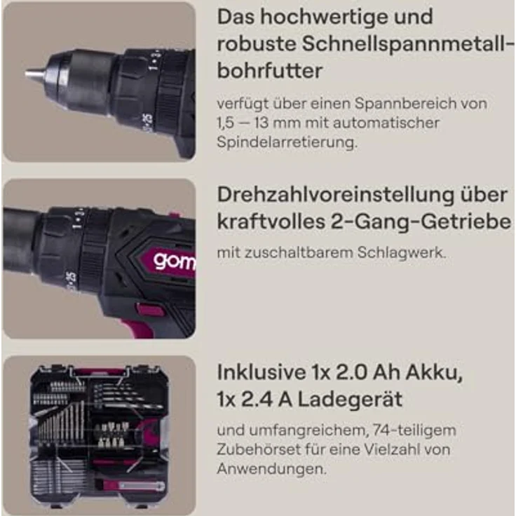 Scheppach Gomag Akku-Schlagbohrschrauber-Set GO-CSK74/1, 20 V, 74-teiliges Zubehörset, 50 Nm Drehmoment, Akku & Ladegerät, mobil im Koffer – Bild 3