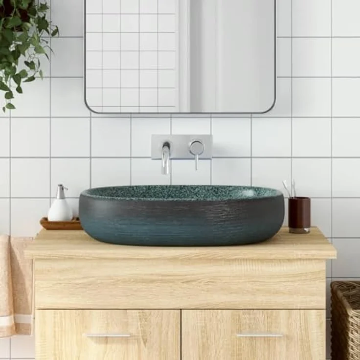 vidaXL Aufsatzwaschbecken, Oval Handgefertigt mit Muster, Türkis Keramik 59x40x14 cm, für Badezimmer – Bild 2