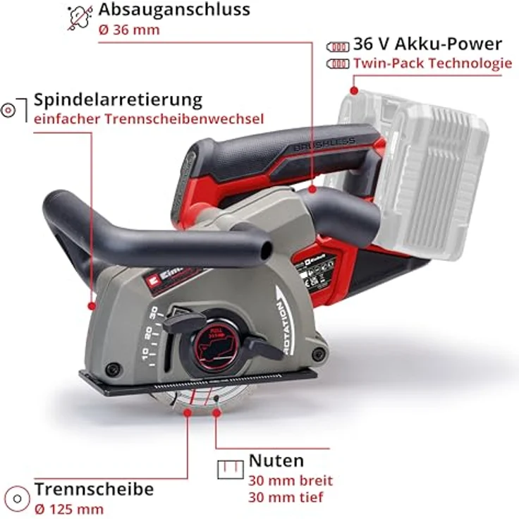 Einhell Mauernutfräse TP-MA 36/30 Li BL - Solo, 2 Diamant-Trennscheiben, Tragetasche, ohne Akku und Ladegerät – Bild 3