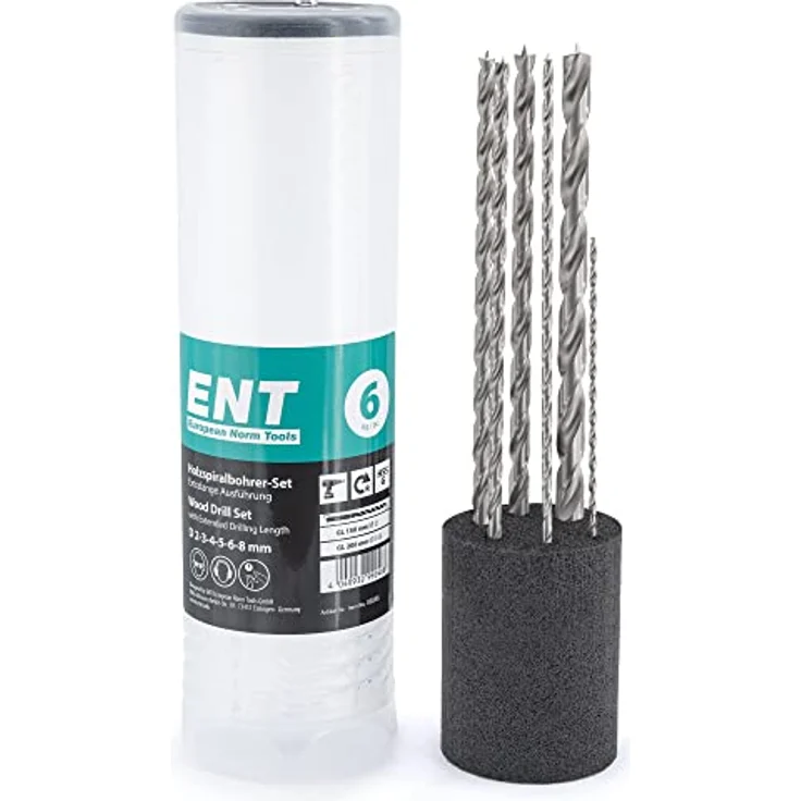 ENT 09246 Holzbohrer-Set, 6-teilig, HSS-G, Ø 2-8 mm, Nutzlänge 100/135 mm, Gesamtlänge 150/200 mm, präzise Zentrierspitze und Vorschneider – Bild 1