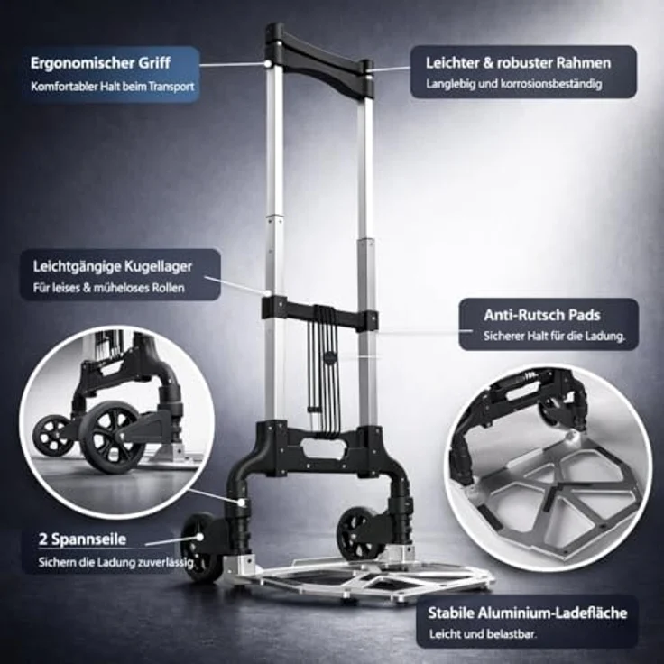 BigDean Klappbare Sackkarre aus Aluminium, Transportkarre bis 70 kg mit 110 cm Teleskopgriff, Anti-Rutsch-Pads und 2 Expanderseilen, 3,4 kg Leichtgewicht, Soft-Räder – Bild 3