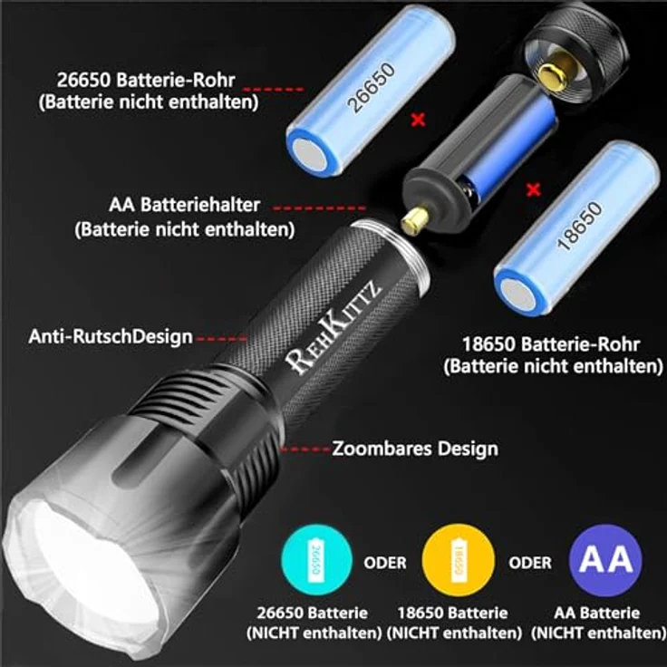 REHKITTZ S1600 LED Taschenlampe, 3300 Lumen, zoombare Handlampe für Camping und Outdoor, robust mit verschiedenen Modi und langer Akkulaufzeit – Bild 3