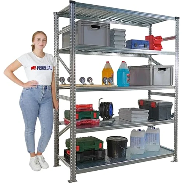 Proregal PROXIMO Metallregal, Fachbodenregal mit 5 Böden, Traglast 130 kg pro Boden, 200 x 300 x 60 cm, verzinkter Stahl, schraubenloses Stecksystem – Bild 3