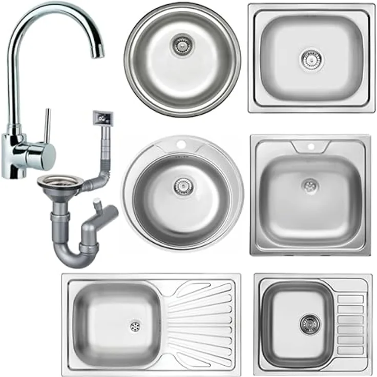 Faizee Möbel Edelstahl Einbauspüle 1 Becken Spüle mit kurzer Abtropffläche 58x50 cm mit Armatur