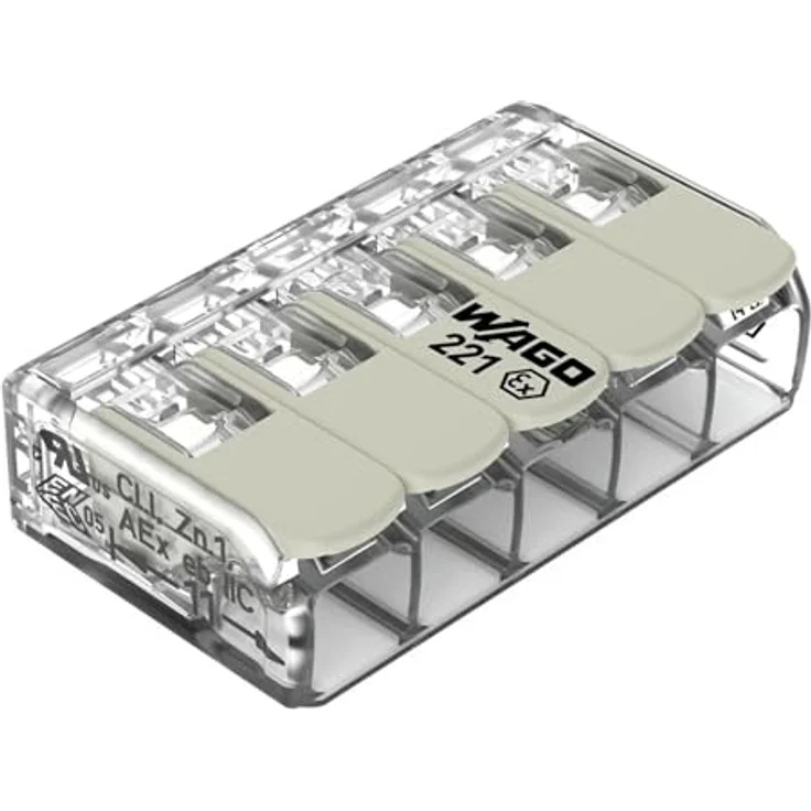 WAGO 221-485 Verbindungsklemme, flexible Hebel-Klemme für 5 Leiter, 0,20-4mm², transparent, weiß – Bild 1