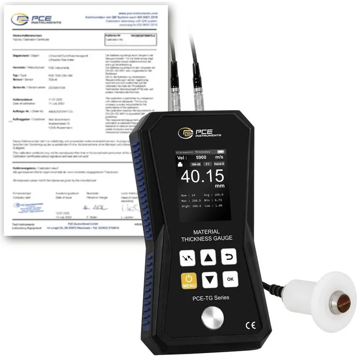 PCE Instruments Materialdickenmessgerät PCE-TG 150A HT-ICA, 1,2 ... 300mm, 5MHz Sensor Ø10mm, inkl. ISO-Zertifikat, IP52