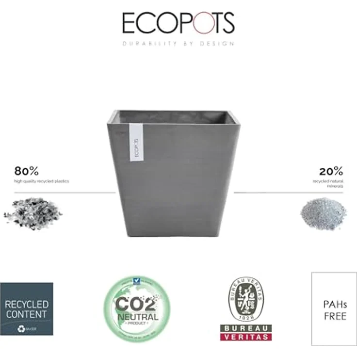 Ashortwalk ECOPOTS Pflanztopf Rotterdam aus recyceltem Kunststoff (Breite 40cm x Länge 40cm x Höhe 35cm) (grau) – Bild 2