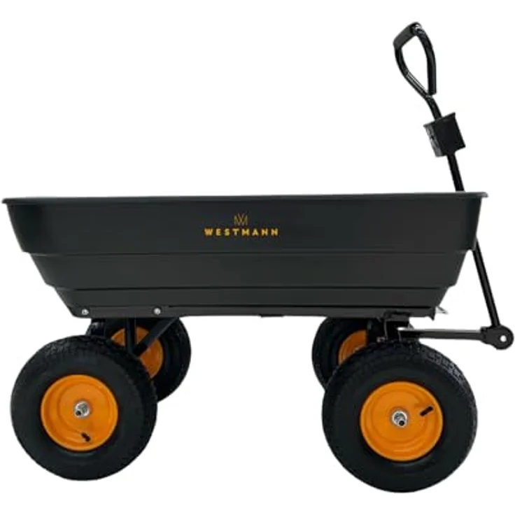 Westmann Prakta M Gartenwagen, Kunststoffkarre mit Kippfunktion, 125 L Volumen, 300 kg Tragkraft, Luftreifen & Zugstange – Bild 3