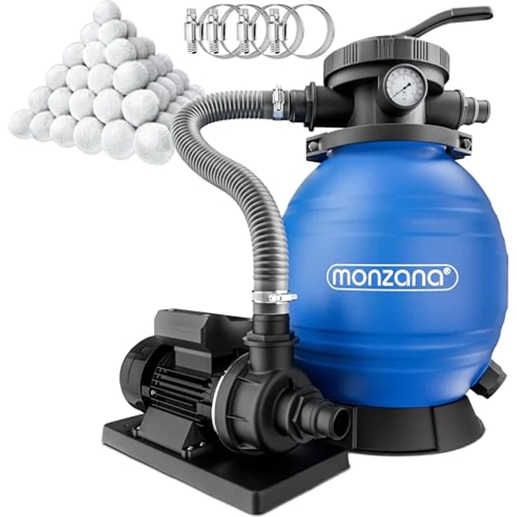 monzana Sandfilteranlage SF102K, 10.200 L/h für Pools bis 35.000 L, mit 25 L Filterkessel, Pumpe und 1 kg Filterbällen, schwarz/blau – Bild 1