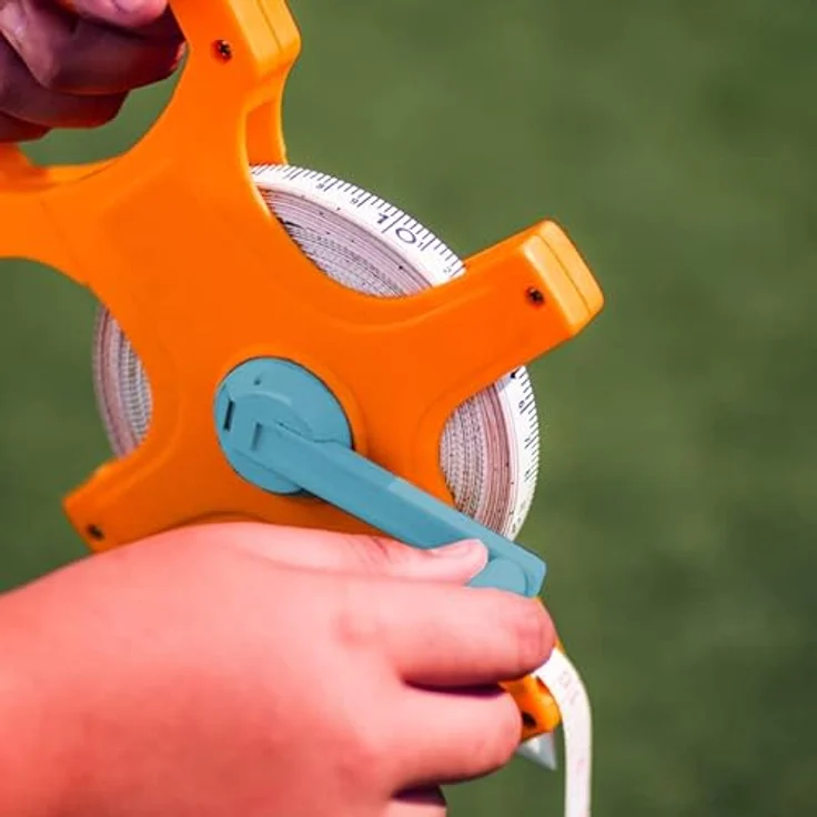 Retoo Maßband 50m, Rollbandmaß mit ausklappbarer Kurbel, ergonomischem Handgriff, Zoll- und Meter-Skala, Kunststoff gelb, beidseitig markiert – Bild 5