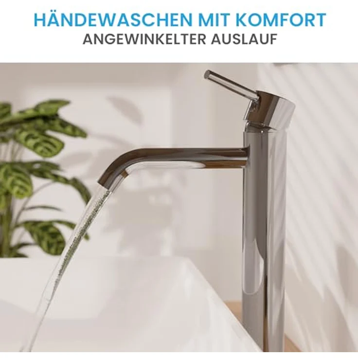 Bächlein Badarmatur Susara hoch mit gebogenem Auslauf, Extra hoher Design Einhebelmischer für Aufsatzwaschbecken mit langlebiger Keramikkartusche und Montage-Set, Bad Wasserhahn Chrom – Bild 2