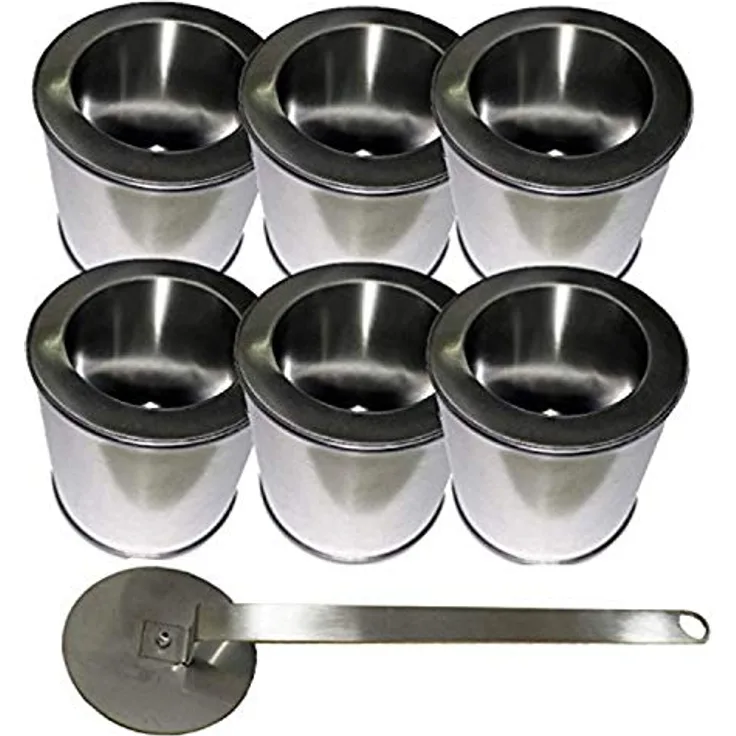 6 Brennstoffdosen aus Weißblech 0,25 Liter Volumen mit 6 Sparplatten aus Edelstahl + 1 Flammenlöscher