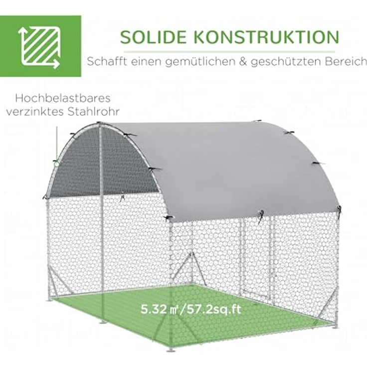 PawHut Hühnerstall aus Stahl, 280 x 190 x 197 cm, mit UV-beständiger Abdeckung, abschließbarer Tür, für 4-6 Hühner, silber – Bild 5