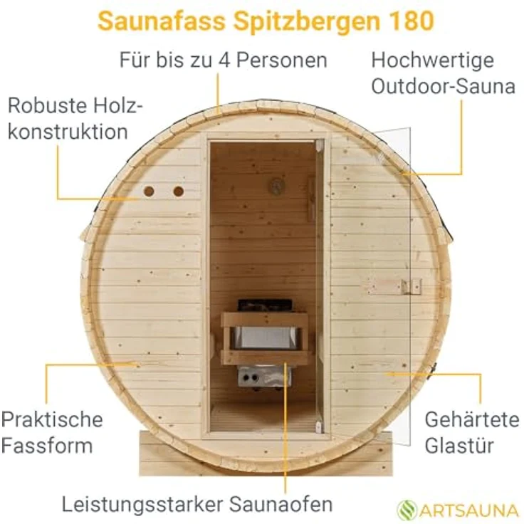 Artsauna Fasssauna Spitzbergen 180, für 4 Personen, Fichtenholz, 6 kW Elektro-Ofen, Naturfarben - Preisvergleich – Bild 3
