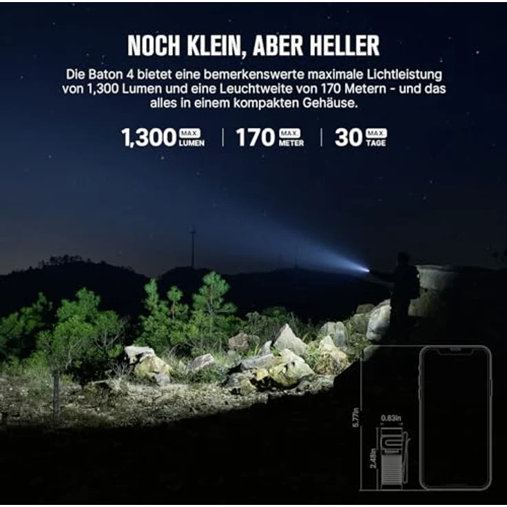 OLIGHT Baton 4, kleine wiederaufladbare LED Taschenlampe mit 1300 Lumen, 170 m Leuchtweite, 6 Modi, 30 Tage Laufzeit, IPX8 wasserdicht, orange – Bild 2