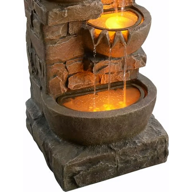 Teamson Home Wasserfallbrunnen "Cascading Bowls & Stacked Stones", Gartenbrunnen mit LED, Polyresin braun, H84 cm – Bild 7