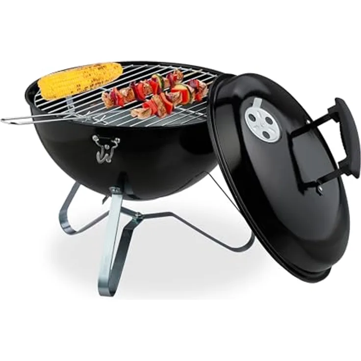 Relaxdays Tragbarer Kugelgrill Ø 37 cm, Schwarz/Silber, Kompakter Holzkohlegrill für bis zu 3 Personen