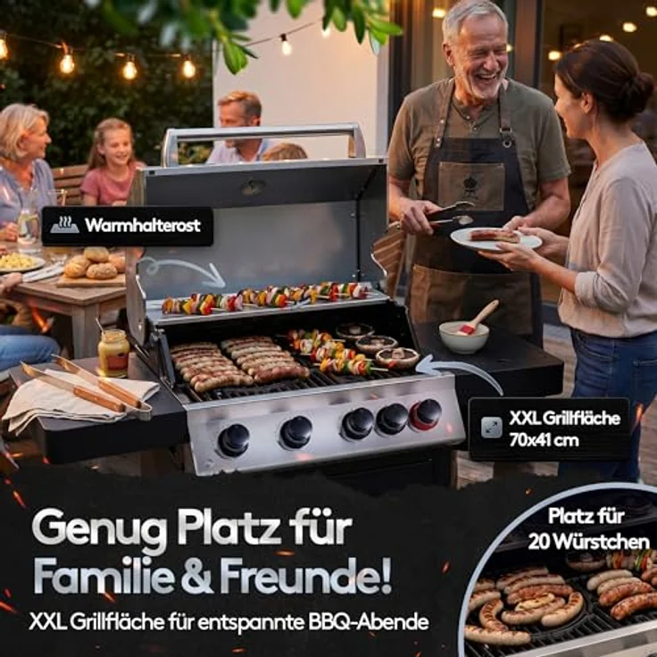 NTG Gasgrill FWGG.1354, 4 + 1 Brenner mit 17 kW Gesamtleistung, LED-Beleuchtung, Seitenkochfeld & Piezo-Zündung, Gusseisen-Grillrost, Edelstahl-BBQ Grillwagen – Bild 4