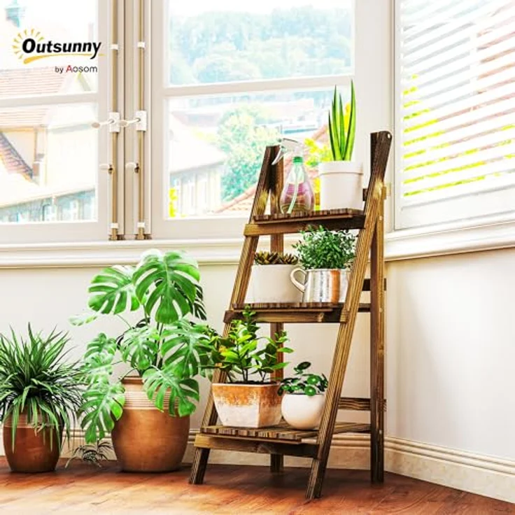 Outsunny 3-Etagen Pflanzenständer, klappbarer Blumenständer aus verrotungsbeständigem Tannenholz, 93 cm hoch, dunkelbraun, für Innen und Außen – Bild 2