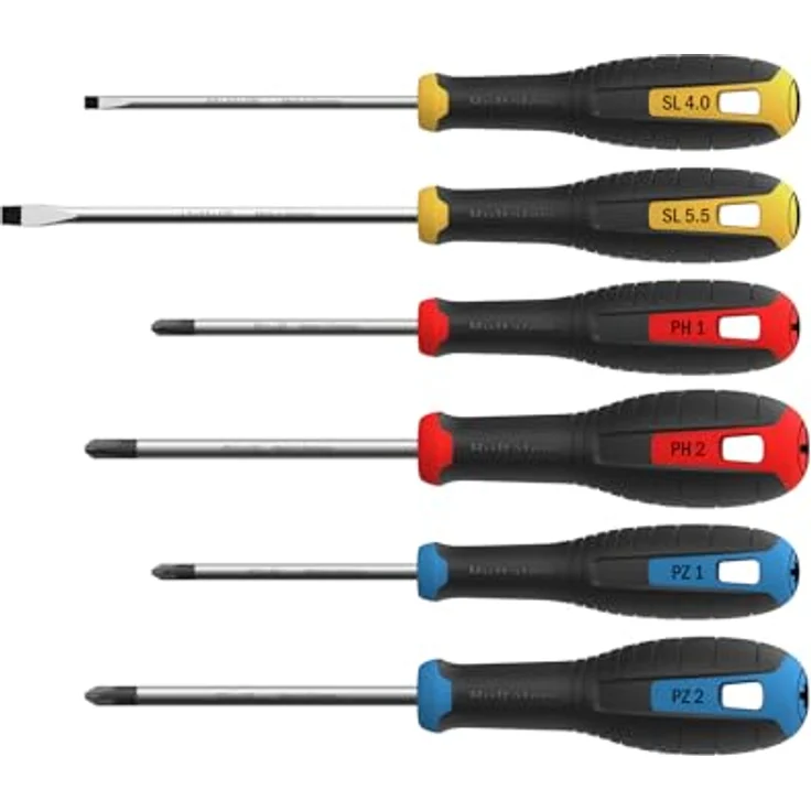 Hultafors Schraubendreher Set, 6-teilig mit ergonomischem Gummi-Griff und rollstop, PH und PZ 1-2, Schlitz 4-5, farblich gekennzeichnet – Bild 2