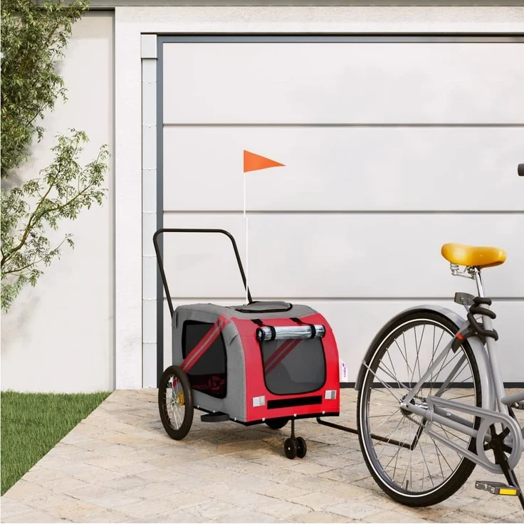 vidaXL Hunde-Transportbox Fahrradanhänger Hunde Rot und Grau Oxford-Gewebe und Eisen, mit PVC-Dach und Reflektoren – Bild 1