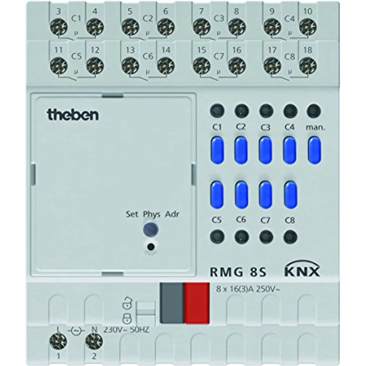 Theben 4930220 RMG 8 S KNX, 8-fach Schaltaktor Grundmodul der MIX2 Serie, 8 Kanäle, DIN-Schiene, Hutschiene, 4 TE, manuelle Bedienung, LED Schaltzustandsanzeige