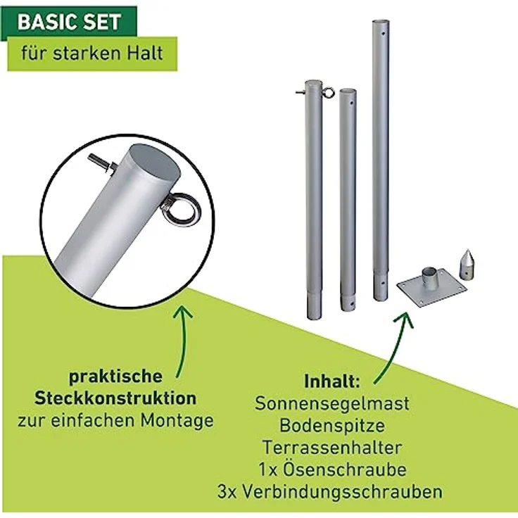 Windhager Sonnensegelmast Set Basic, Sonnensegelpfosten, Stahlmast, Aufstellstange für Sonnensegel, rostfrei, Masthöhe max. 240cm, 10705 – Bild 3