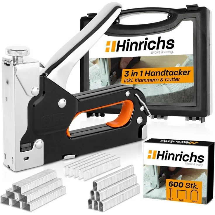 Hinrichs Handtacker im Koffer, 3-in-1 Holztacker mit Klammern und Nägeln, Schwarz/Chrom