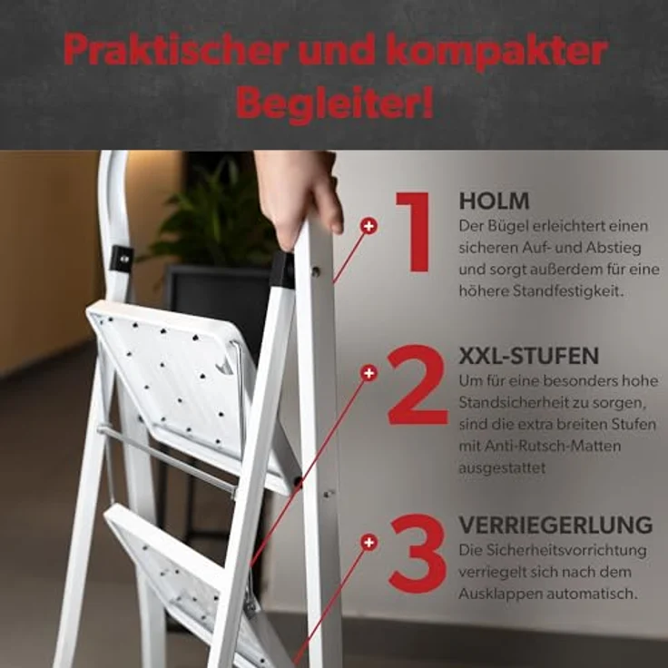 siwitec Klapptritt aus Stahl mit 2 Stufen, Weiss, kleine Leiter mit Anti-Rutschmatten, 150 kg Traglast, TÜV/GS Zertifiziert,Klappleiter, Tritthocker – Bild 3