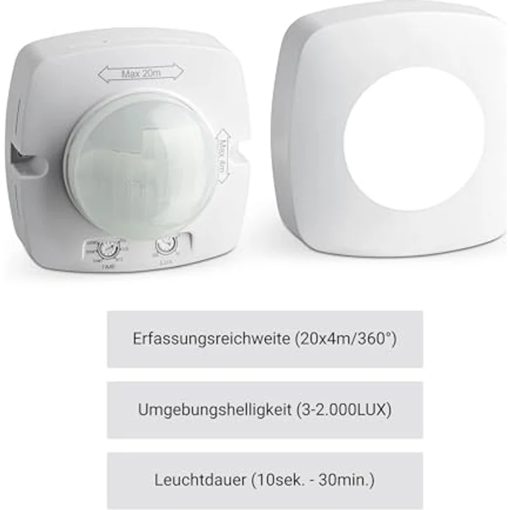SEBSON® Bewegungsmelder Aussen IP65, Aufputz Decken Montage, programmierbar, 20x4m / 360°, LED geeignet, Infrarot Sensor mit 2 Sensoren, 3- Draht – Bild 3
