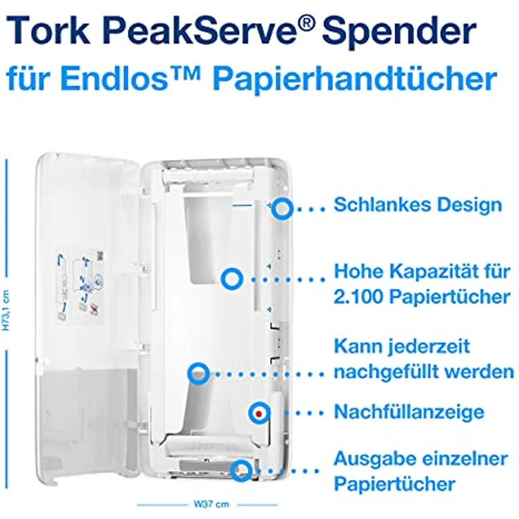 Tork PeakServe, Papierhandtuchspender, innovativer Spender für Endlos-Handtücher, weiß, großes Fassungsvermögen, schnelle Ausgabe binnen 3 Sekunden – Bild 3