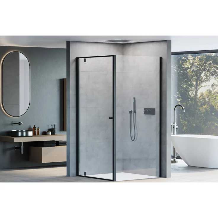 NEXTREND Eckdusche NT604 FLEX, 6 mm Nano Klarglas, Drehtür, Profilfarbe Schwarz matt, Breite Türelement 80 cm, Breite Glas feststehend 80 cm