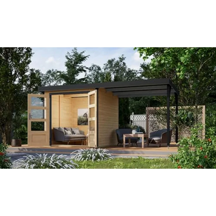 CHILLROI® Hybrid Gartenhaus Hollywood inkl. Fußboden optional mit Anbau Gartenlaube Geräteschuppen Gartenhütte (Naturbelassen mit Anbau) – Bild 1