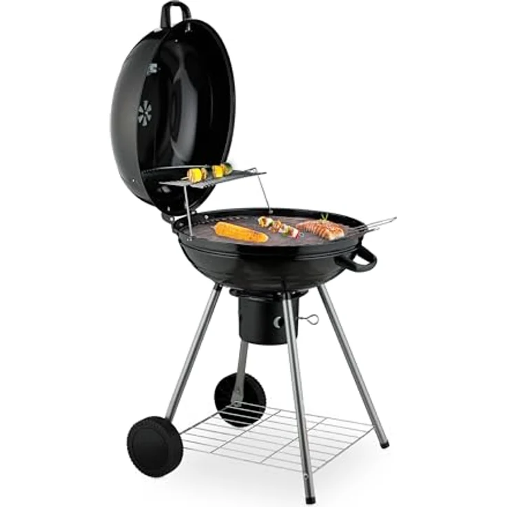 Relaxdays XXL Kugelgrill mit Rädern, Mobiler Holzkohlegrill mit Deckel und Thermometer, Schwarz – Bild 1