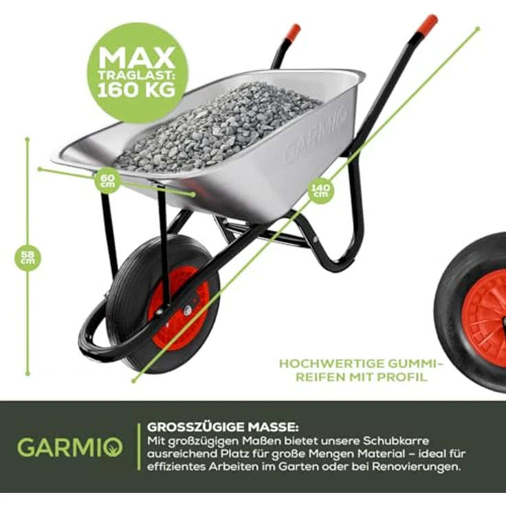 GARMIO Schubkarre, verzinkte Bauschubkarre 85 Liter, 5 Kubik Fassungsvermögen, Gummireifen 16 Zoll, Gartenkarre bis 160 kg, Silber – Bild 6