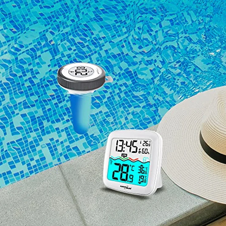 Greenblue GB216 Poolthermometer mit Wetterstation, DCF, kabelloser Wassertemperatursensor, Weiss, Grau – Bild 5
