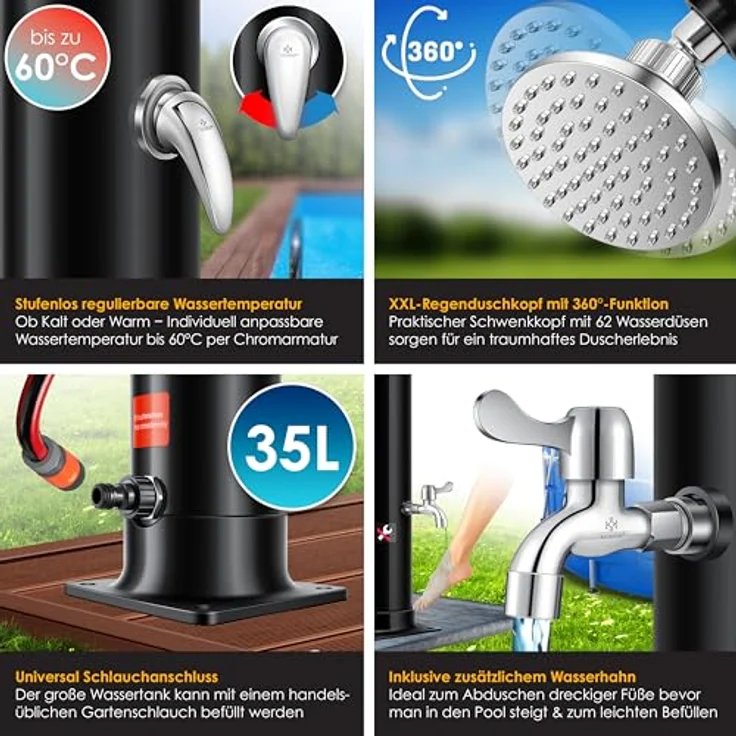 KESSER Solar Gartendusche Solardusche Bogen Inkl. Schutzhaube warmes Wasser 20 Liter max. 60°C ohne Stromanschluss Pooldusche Camping Regenduschkopf und Wasserhahn Gartenschlauch-Anschluss Schwarz - 35 Liter - Preisvergleich – Bild 3