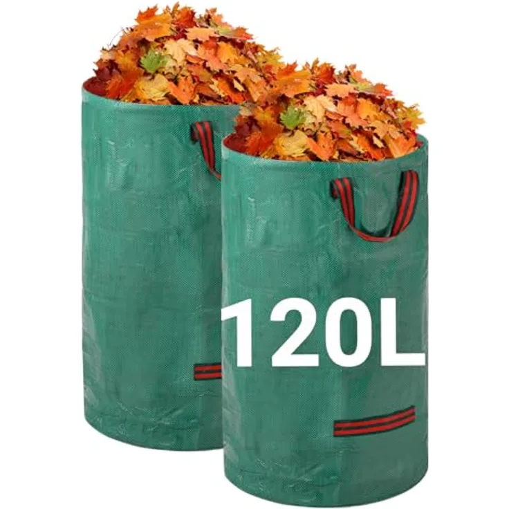 Velway Gartensack 2x120L, Stabiler selbststehender Gartenabfallsack mit 4 Griffen, Robust & wasserdicht, Wiederverwendbar & faltbar für Grünschnitt, Laub und Gartenabfälle
