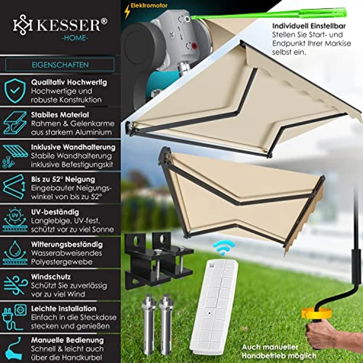 KESSER® Elektrische Gelenkarmmarkise mit Fernbedienung Markise Gelenkmarkise 250 x 200cm Terrassenmarkise Klemmmarkise Sonnenmarkise inkl. Wandhalterung Sonnenschutz Balkonmarkise Beige – Bild 2
