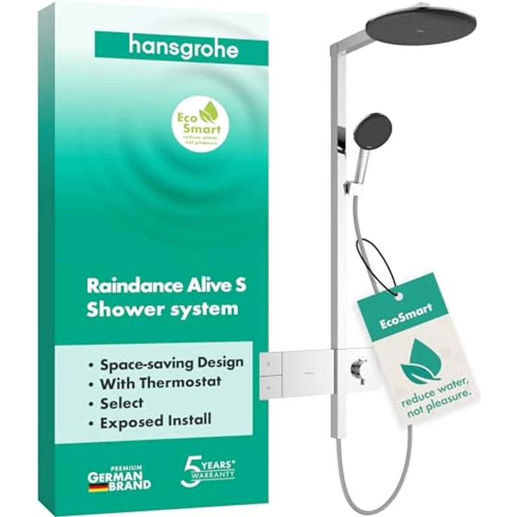 hansgrohe Raindance Alive S Duschsystem, Regendusche 300 mm mit Thermostat, Handbrause und EcoSmart Technologie, wassersparend, Chromoptik – Bild 1