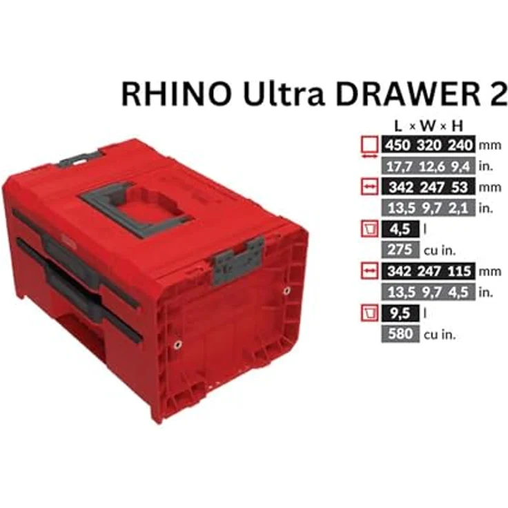 Toolbrothers Werkzeugkoffer RHINO L Drawer 2 ULTRA Organize+ mit 2 Schubläden und Boxen IP54, ultrabeständig, schwarz – Bild 6